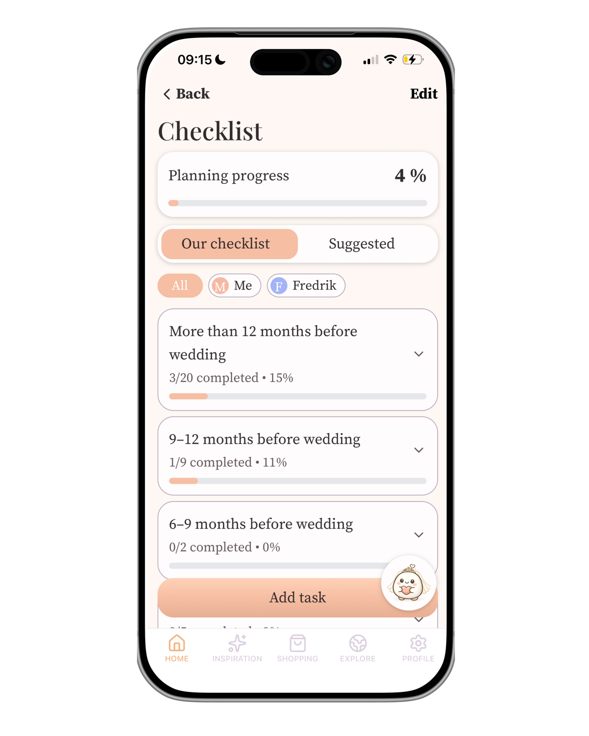 WedMind-appens sjekkliste-skjerm med faser og oppgaver